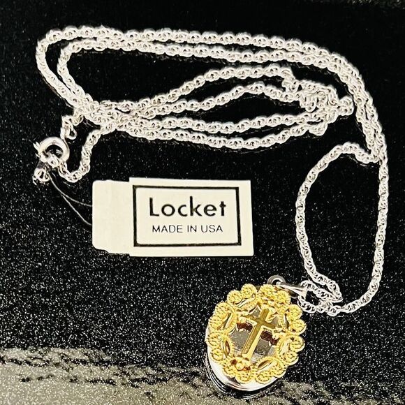 Vintage Prayer Wish Locket Silver Gold Cross Filigree Christian Made in USA - Picture 3 of 14